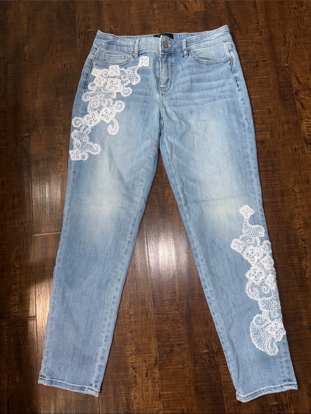 White House Black Market Light Blue Boyfriend Jeans with White Lace